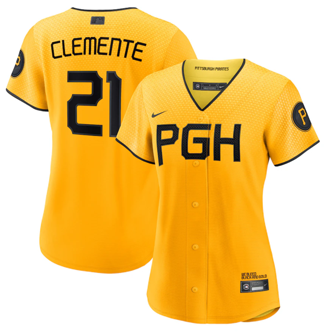 Women's Pittsburgh Pirates #21 Roberto Clemente Gold 2023 Draft City Connect Stitched Jersey